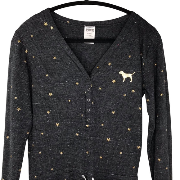 Medium Victoria's Secret Pink Gold Star Long Sleeve Shorts Romper Pajama… - Picture 2 of 13